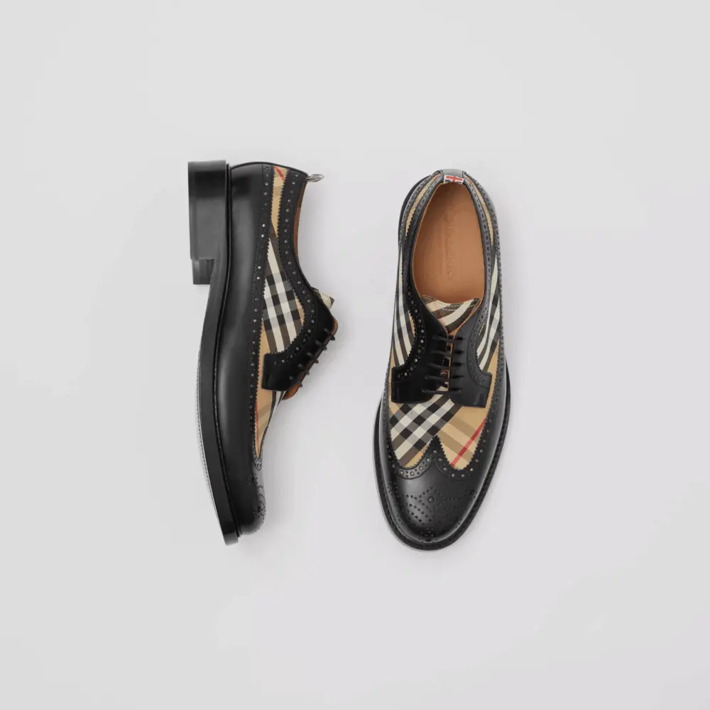 Giày Burberry Brogue Detail Leather Vintage Check Derby Black Beige 80162581 - Ảnh 3