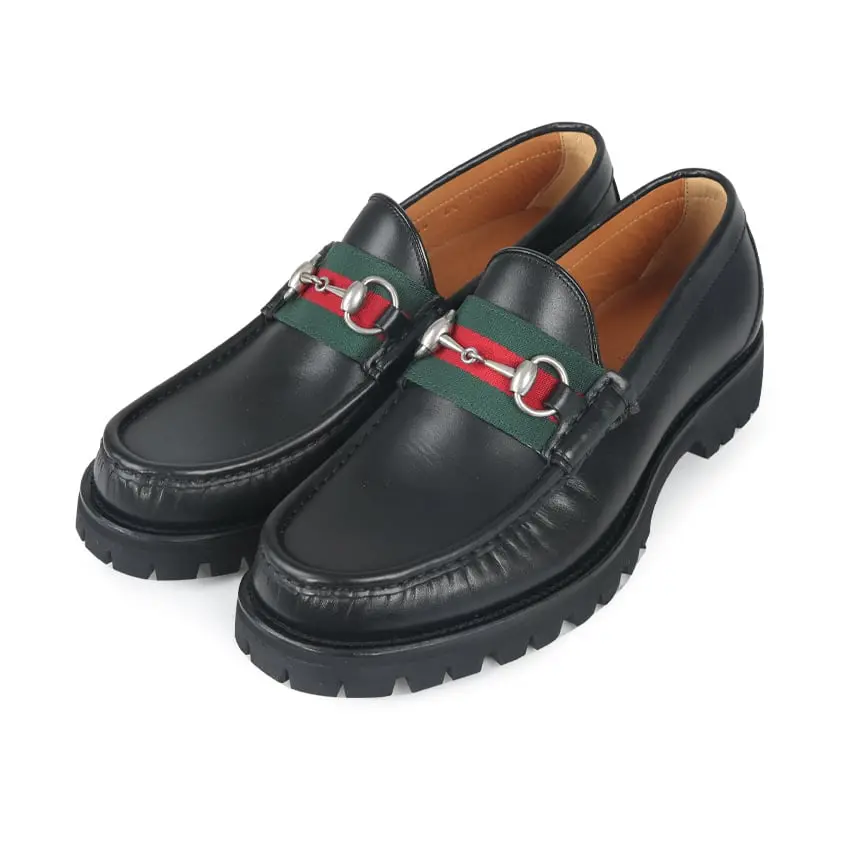 Giày Gucci Men's Web Three Stripe Horsebit Leather Black Loafers 496246 ARPA0 1098 - Ảnh 3