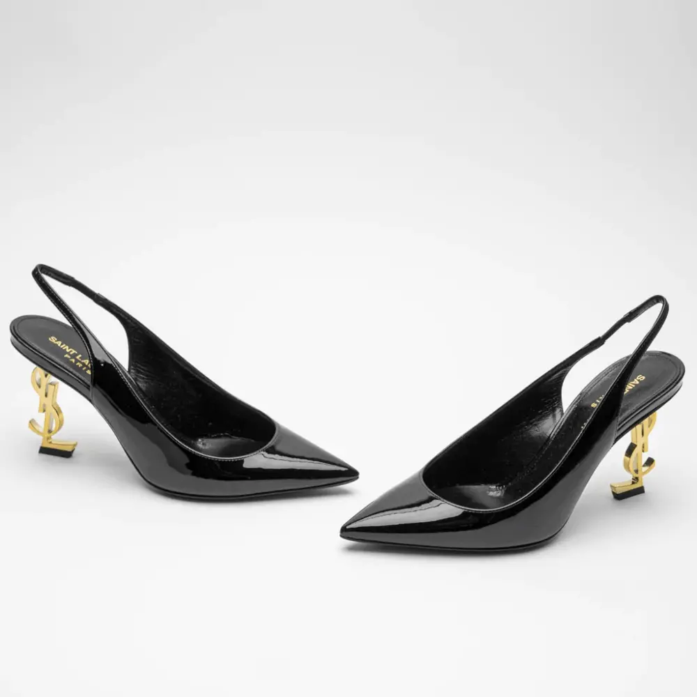Giày Saint Laurent Opyum Slingback Pumps Patent Leather Gold-Tone Heel 6301080NPKK1000 - Ảnh 3