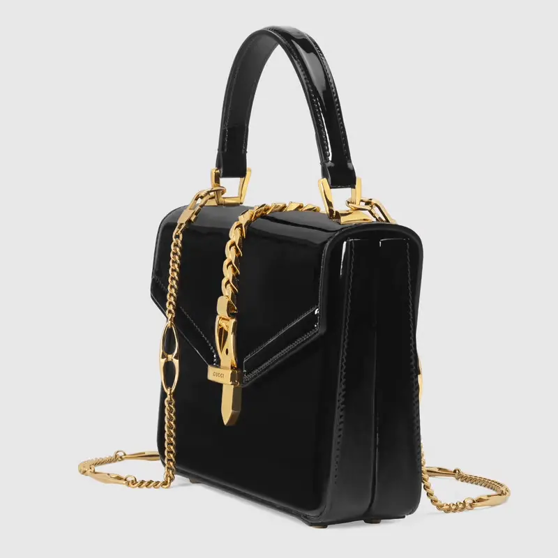 Túi Gucci Sylvie 1969 Patent Leather Mini Top Handle Black Leather 589479-1J70G-1000 - Ảnh 4