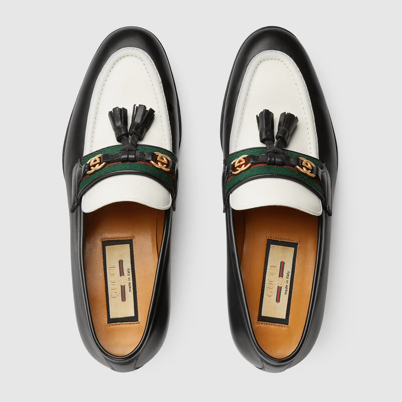 Giày Gucci Loafer With Web And Interlocking G White And Black Leather 674662-1W6B0-1170 - Ảnh 4