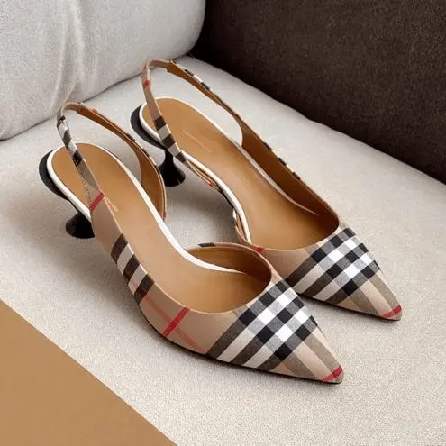 Giày Burberry Wmns Vintage Check Slingback Pumps Beige 80109641 - Ảnh 3