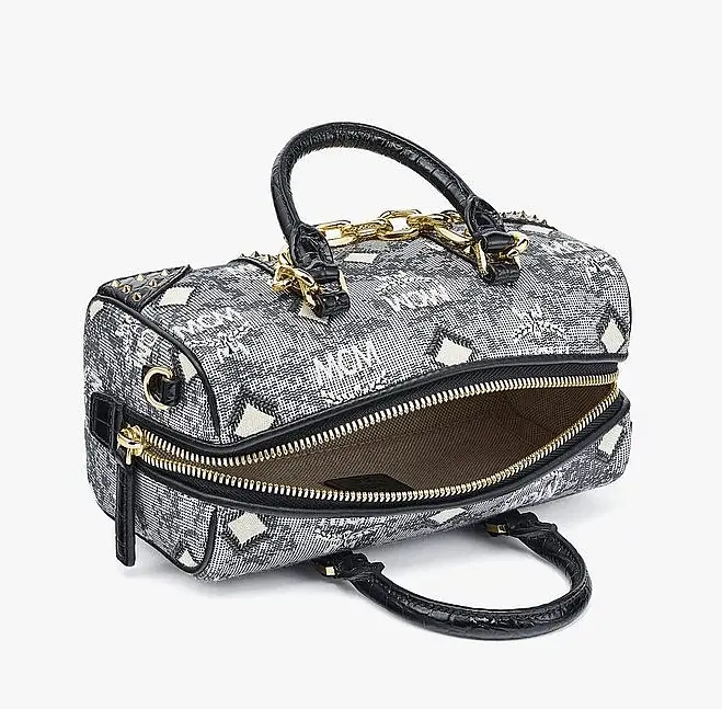 Túi MCM Boston Bag in Studded Vintage Monogram Jacquard MWBCSTQ01EG001 - Ảnh 4