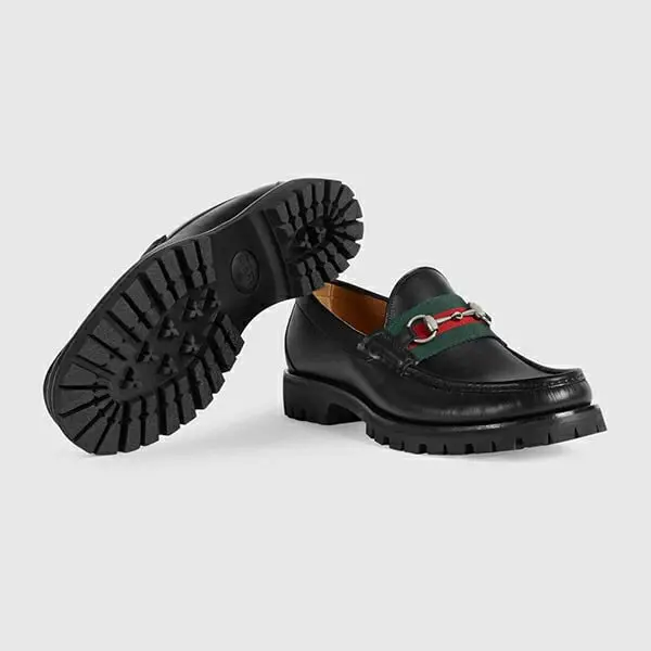Giày Gucci Men's Web Three Stripe Horsebit Leather Black Loafers 496246 ARPA0 1098 - Ảnh 5