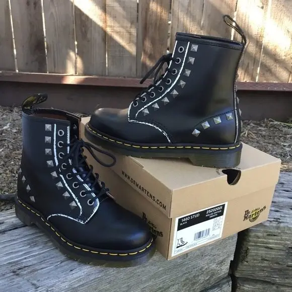 Giày Dr. Martens 1460 Stud Black Rolled Vintage Smooth Boots 25202001 - Ảnh 5