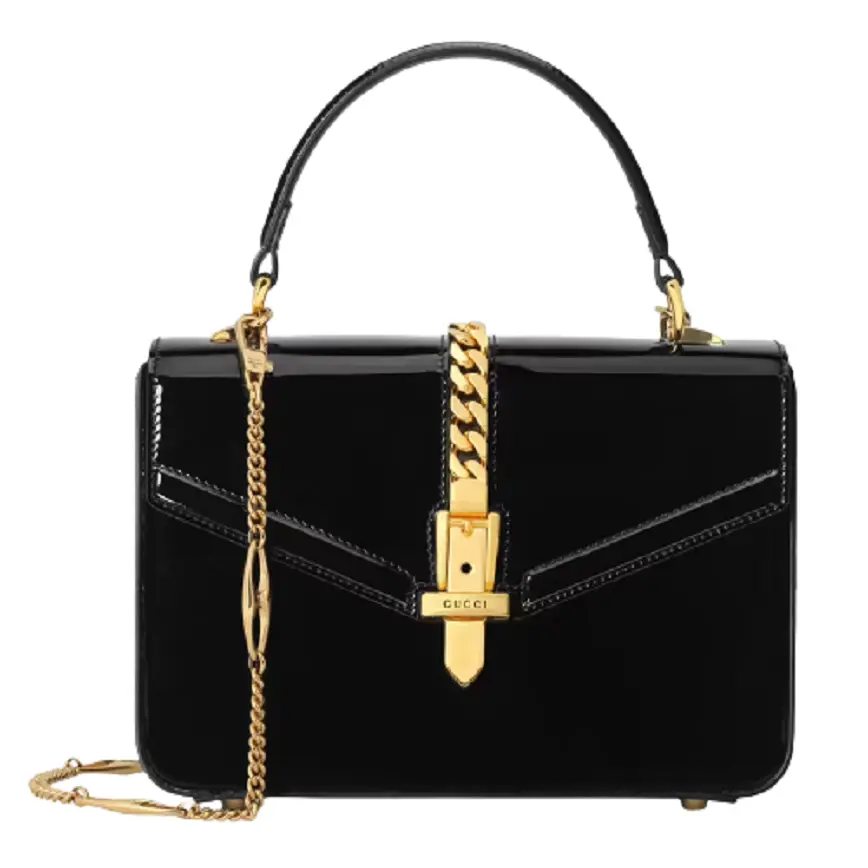Túi Gucci Sylvie 1969 Patent Leather Mini Top Handle Black Leather 589479-1J70G-1000