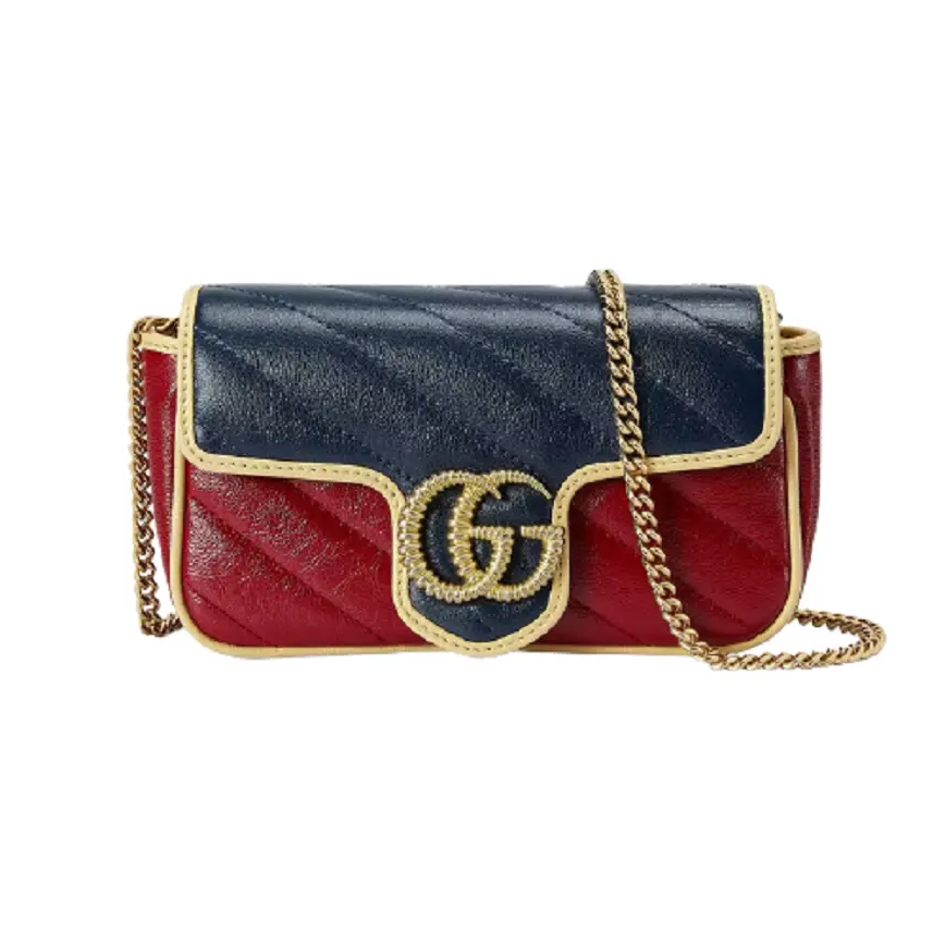 Túi Gucci GG Marmont Super Mini Blue And Dark Red Diagonal Matelassé Leather 574969-1X5DG-4179